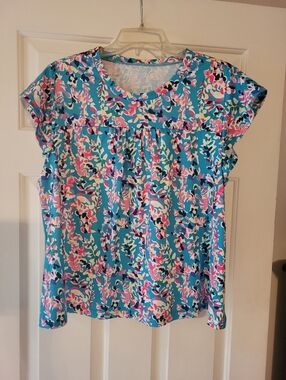 Blue Floral Short-Sleeve Women's Top